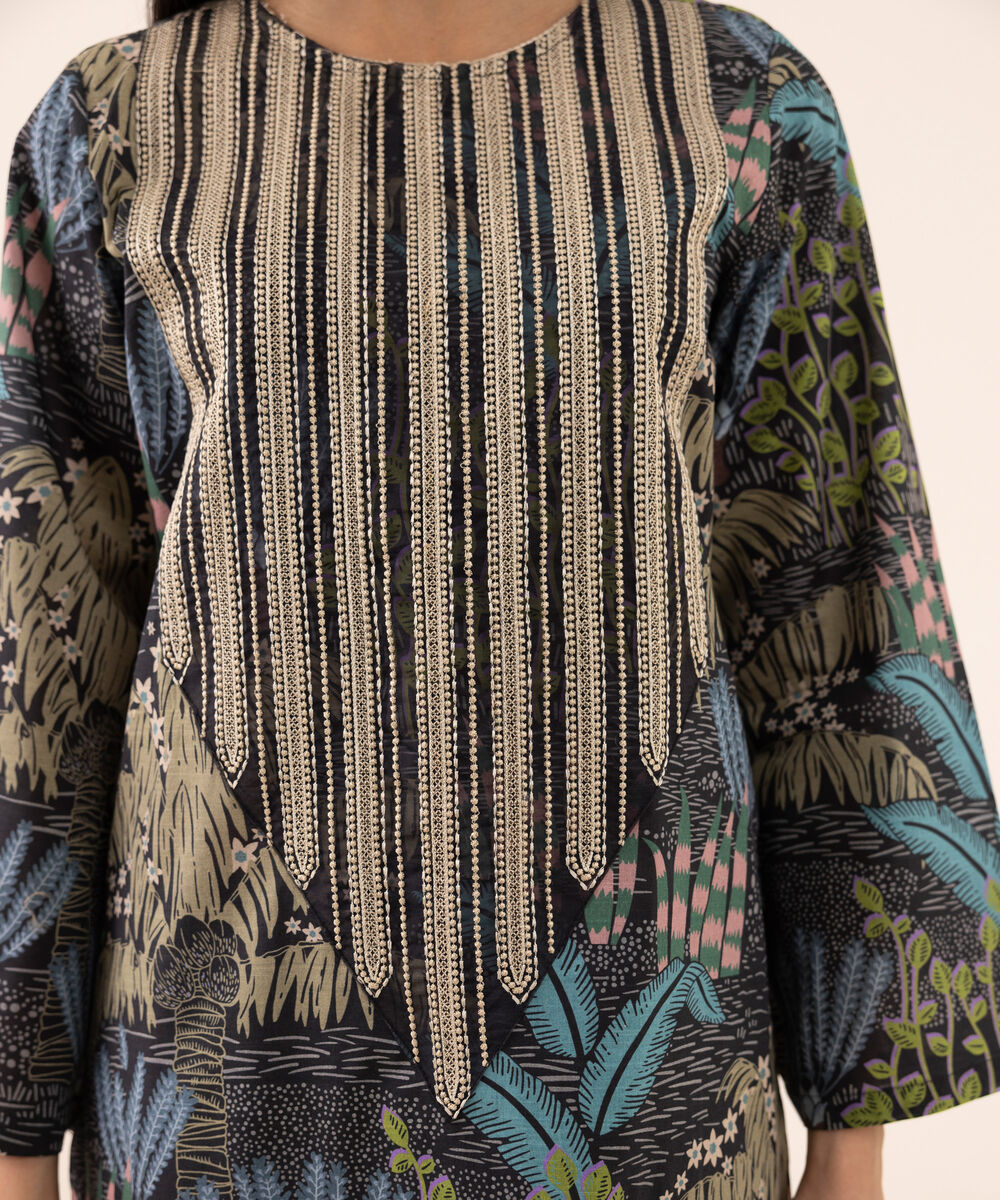 Women's RTW Texured Lawn Black Printed Aline Shirt