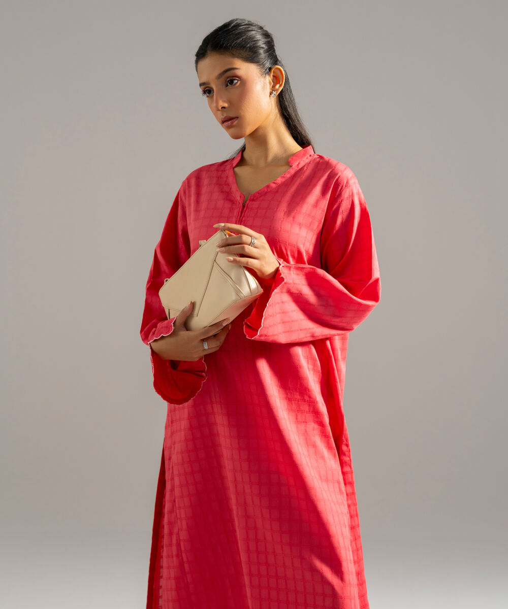 Women's RTW 3D dobby Solid Peach Straight Shirt
