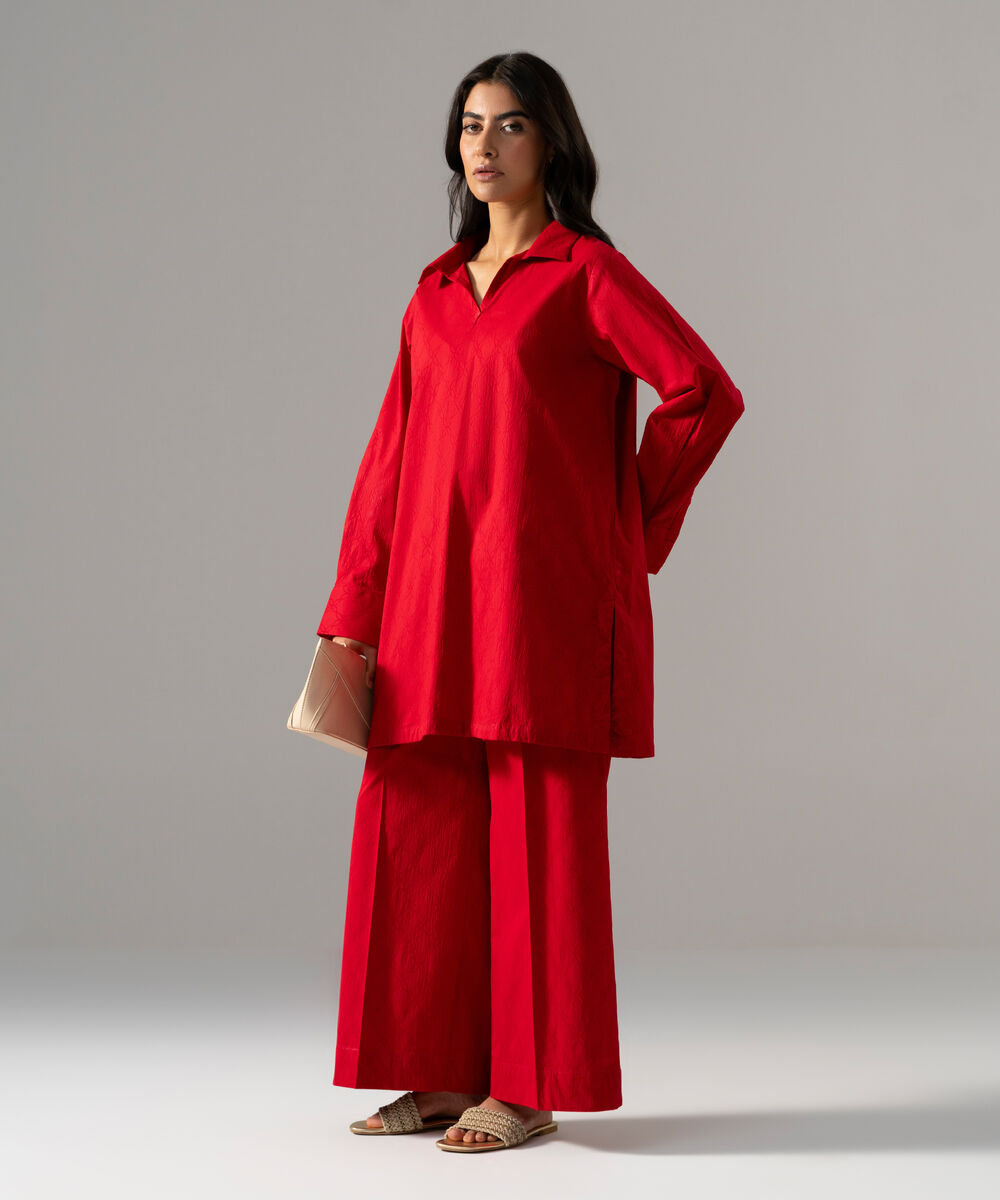 Women's RTW Textured Cotton Solid Red 2 Piece Suit