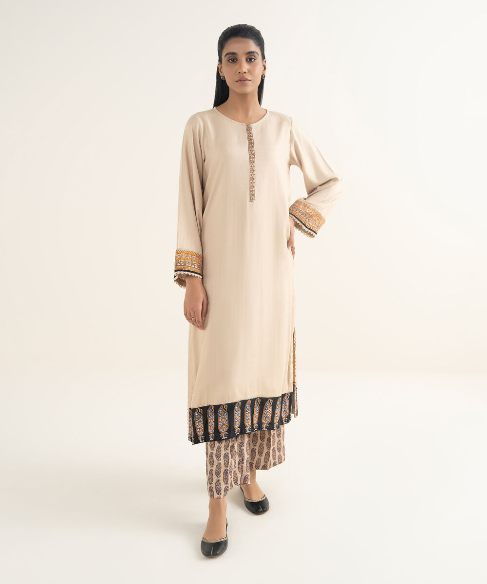 Women's RTW Textured Viscose Solid Beige A-Line Shirt