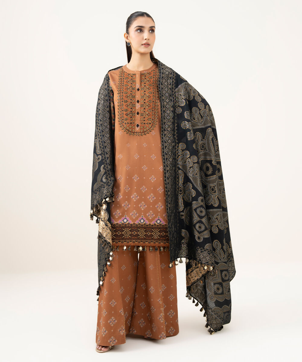 Women's Unstitched Fine Cotton Satin Embroidered Brown  3 Piece Suit