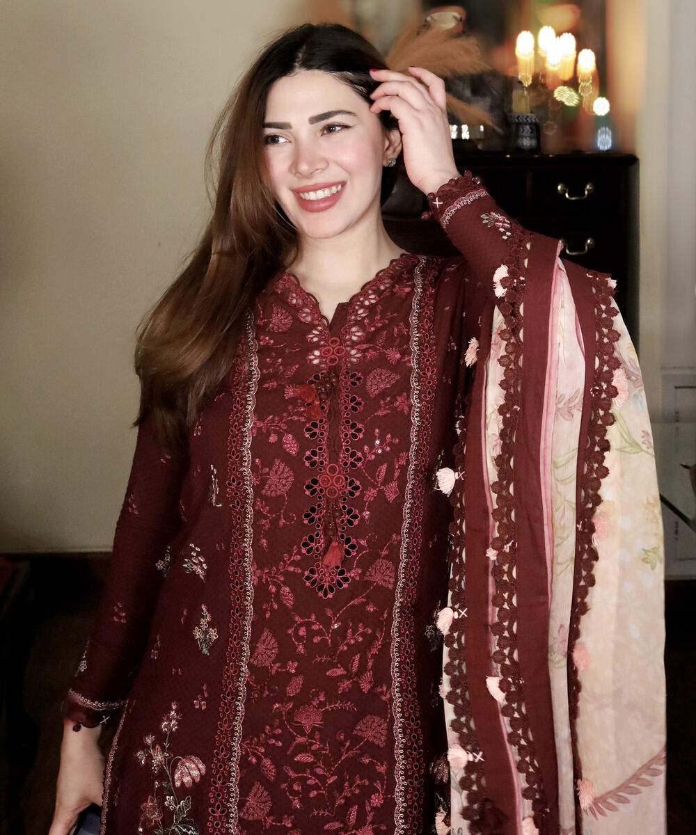 Women's Unstitched Dobby Embroidered Red 3 Piece Suit