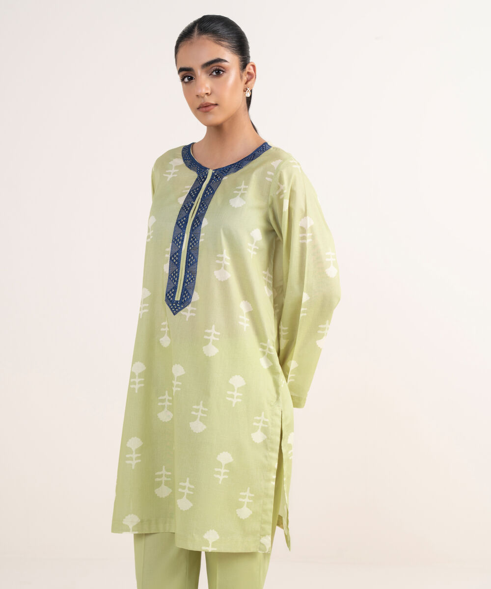 Women's RTW Lawn Green Embroidered Straight Shirt