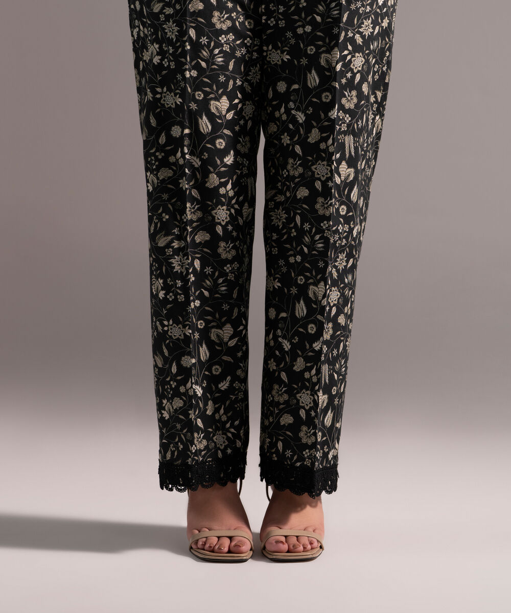 Women's RTW Cambric Printed Black Straight Pants