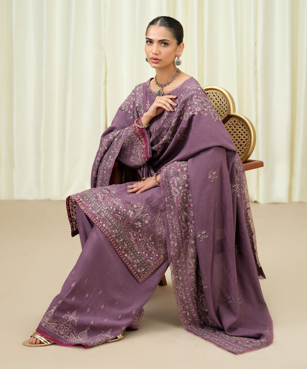 Women's Unstitched Viscose Karandi Embroidered Purple 3 Piece Suit