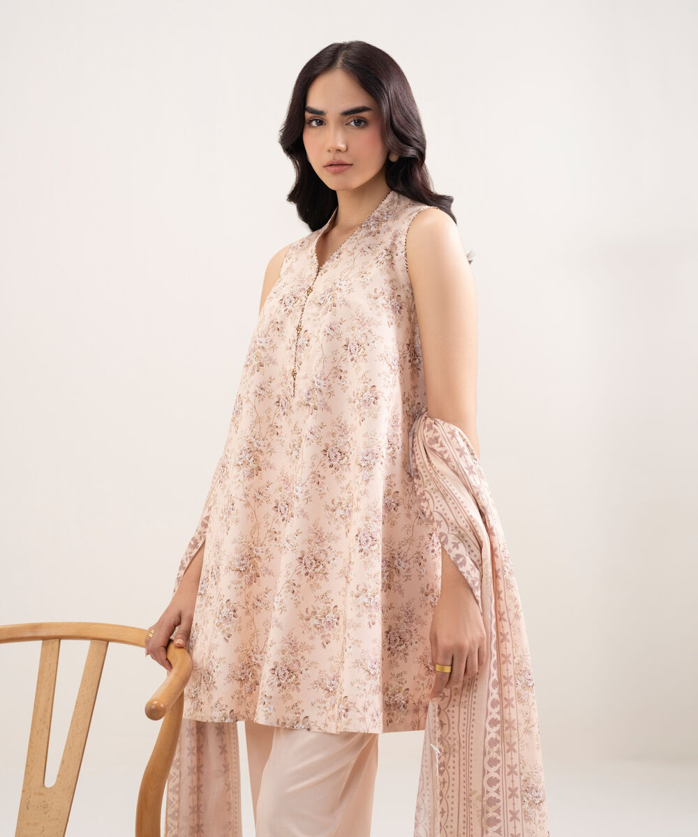 Women's Unstitched Lawn Printed Pink 3 Piece Suit