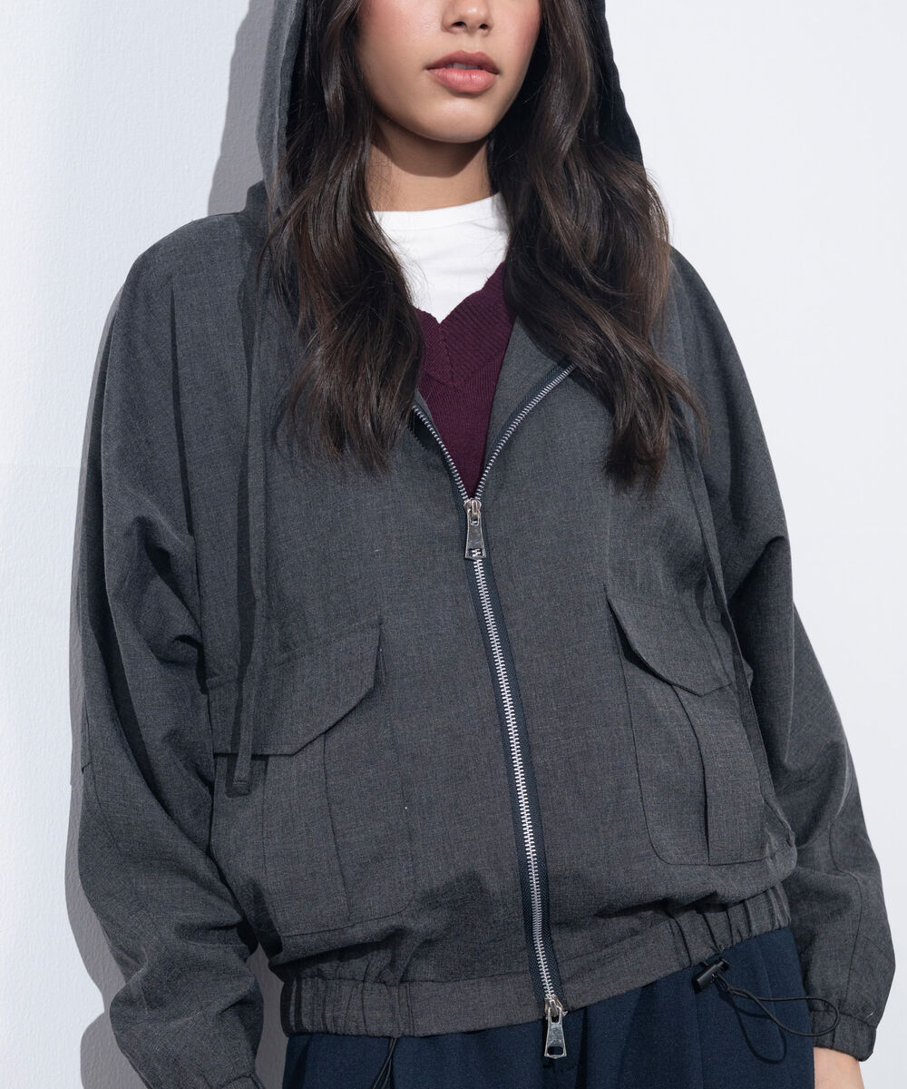 Women's Western Wear Grey Hooded Bomber Jacket
