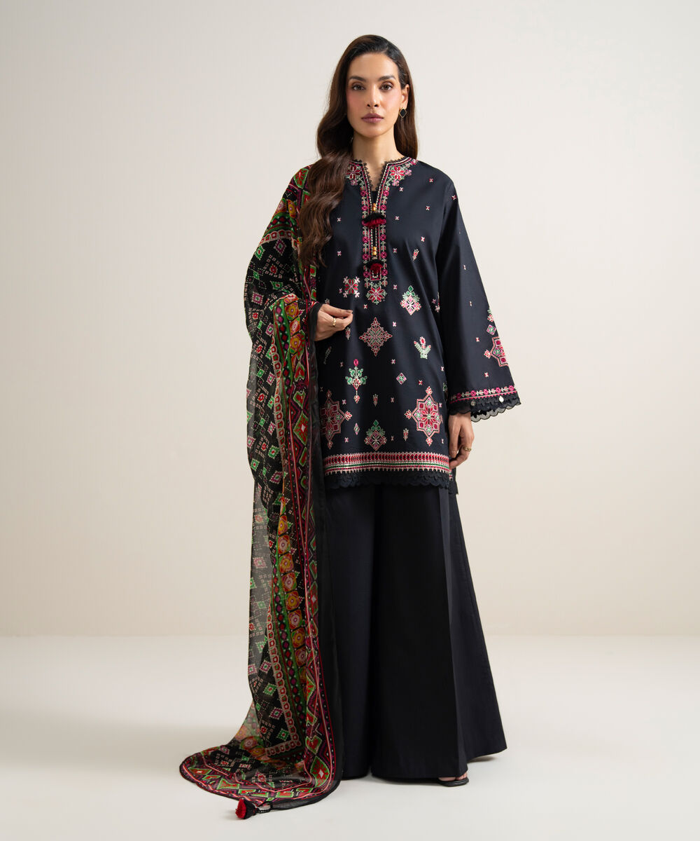 Women's Unstitched Lawn Embroidered Black 3 Piece Suit