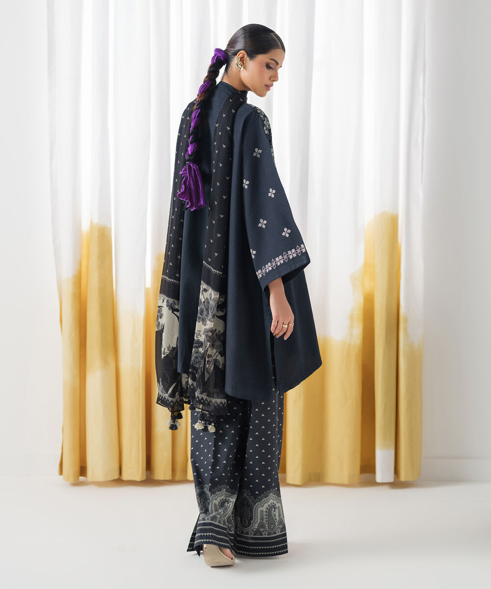 Women's Unstitched Dobby Embroidered Black 3 Piece Suit