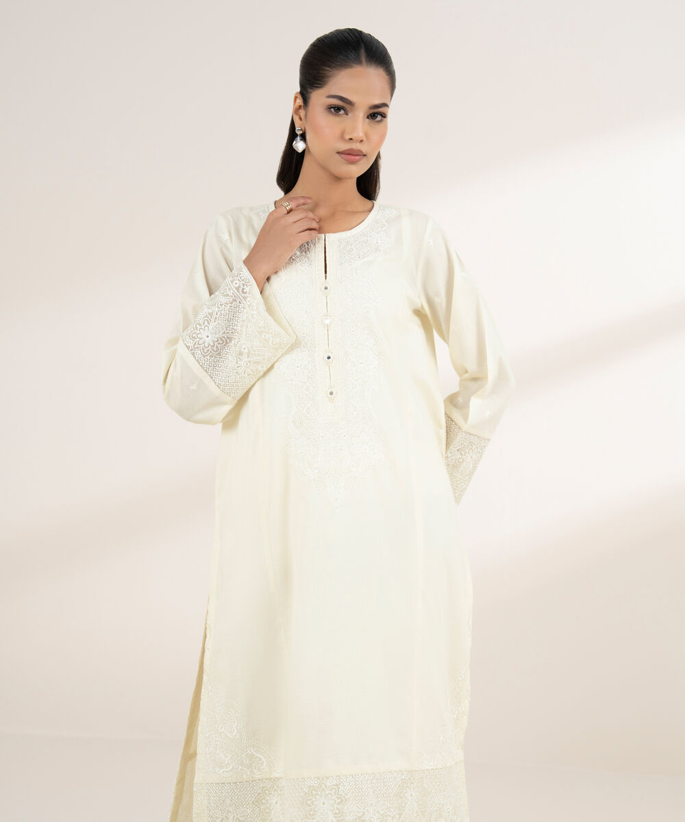 Women's RTW Dobby Beige Embroidered A-Line Shirt