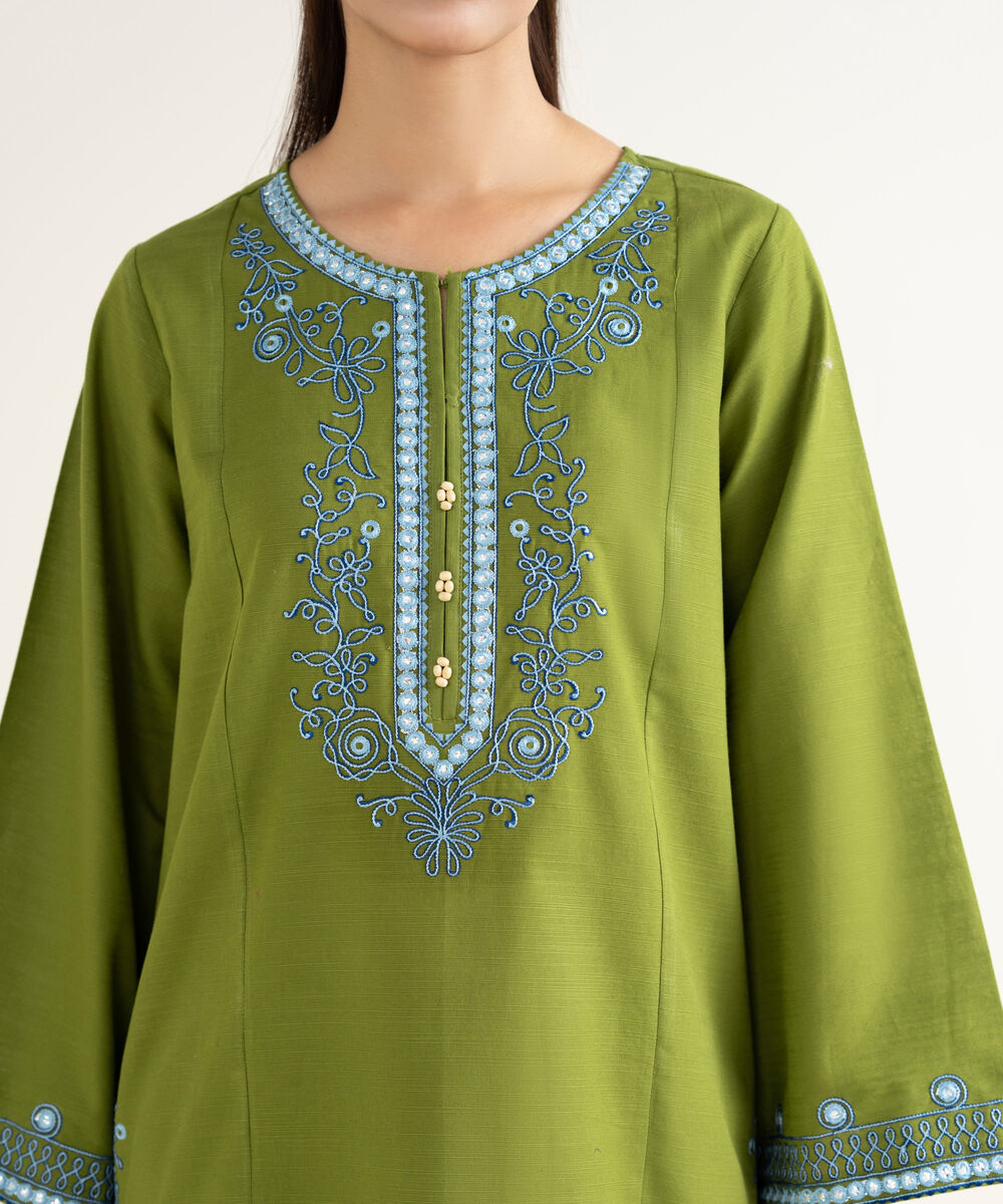 Women's RTW Khaddar Embroidered Green Straight Shirt