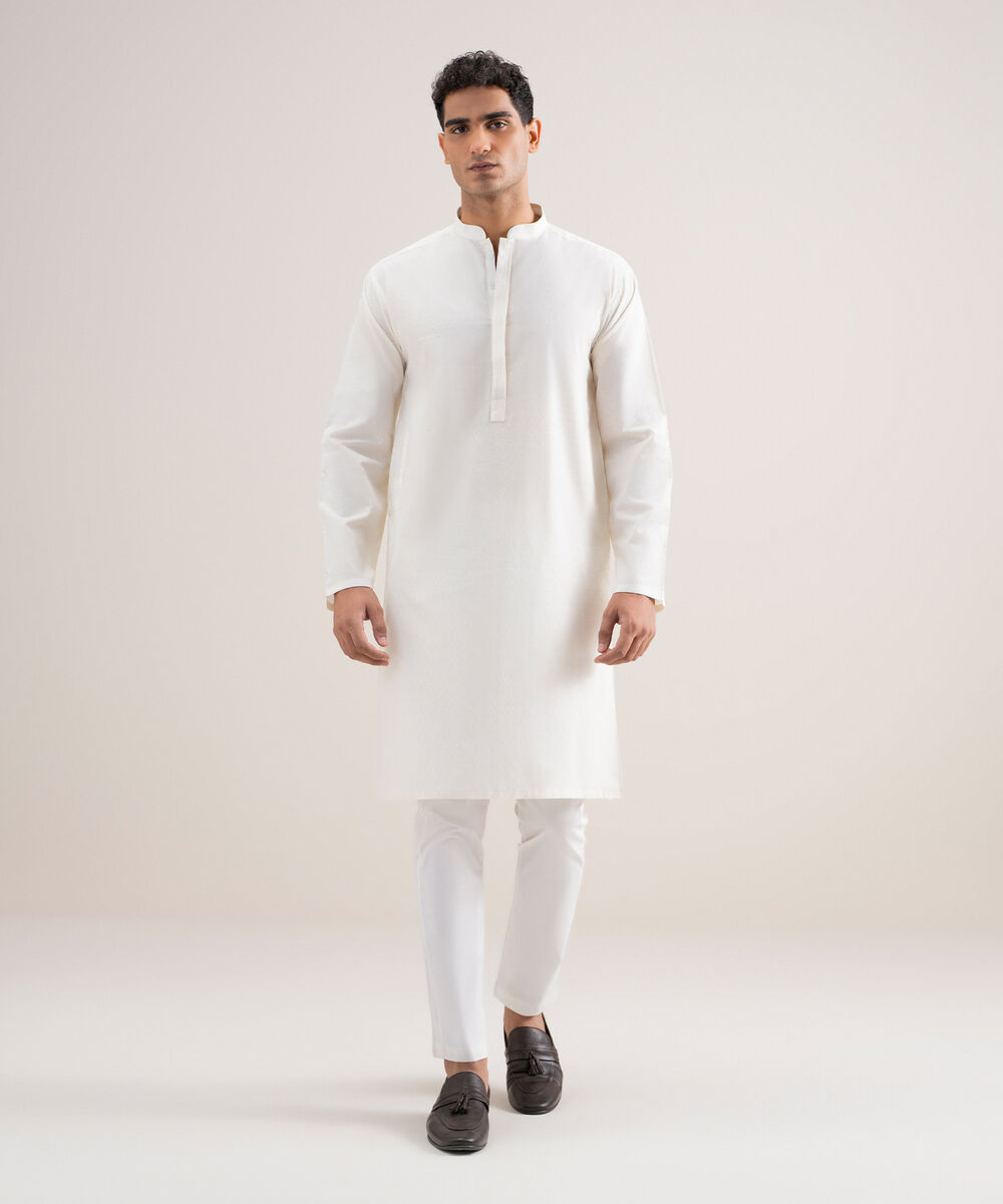 Men's Stitched Cotton Jacquard Off White Kurta