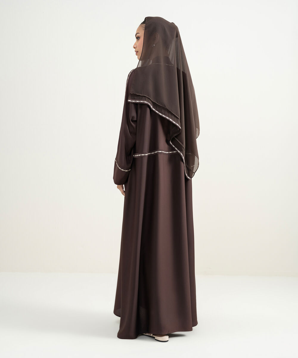 Women's Chocolate Brown Kimono Embroidered Abaya Set