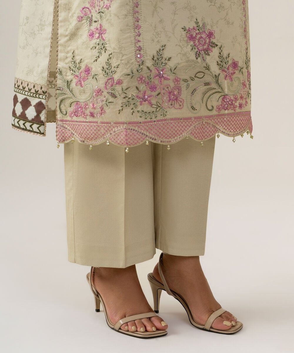Women's Unstitched Blended Chiffon Embroidered Beige 3 Piece Suit