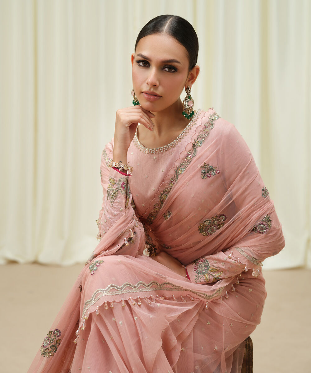 Women's Unstitched Embroidered Net Pink Saree