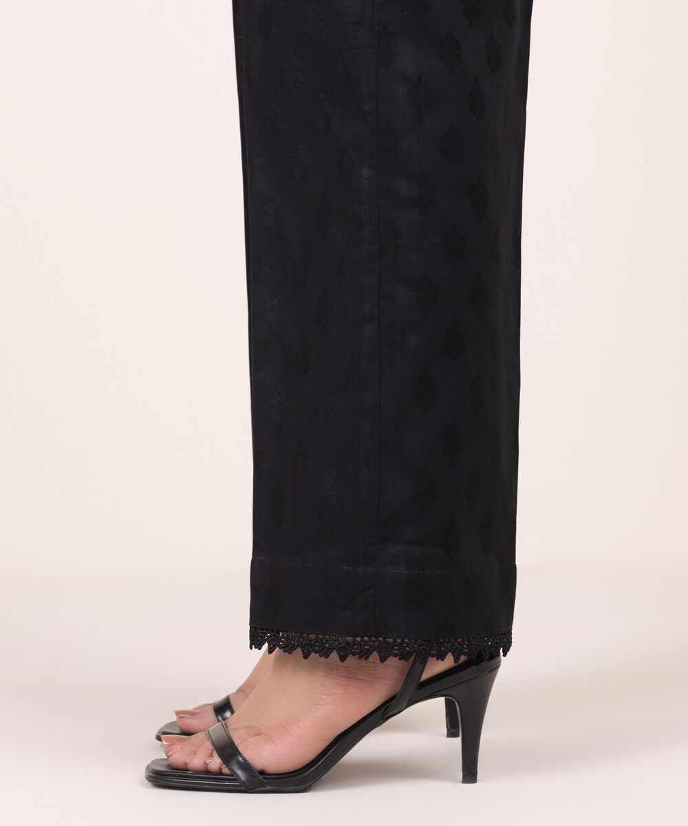 Women's RTW Self Jacquard Solid Black Straight Pants