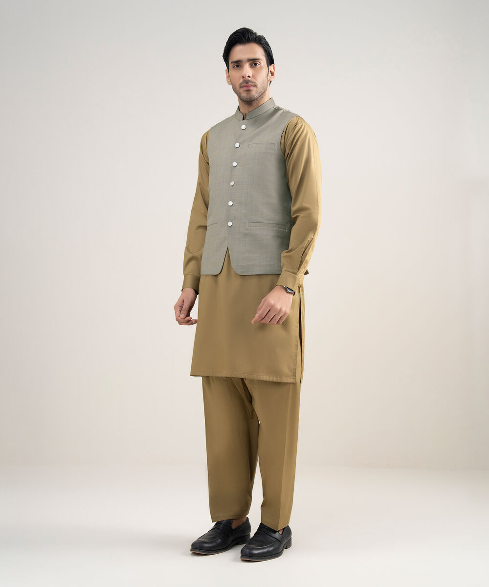 Men's Stitched Premium Suiting Khaki Waistcoat