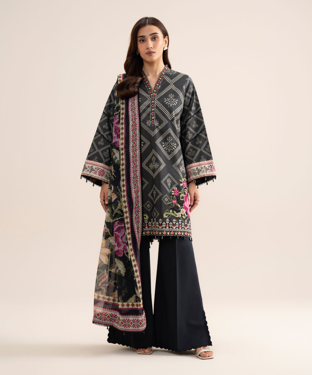Women's Unstitched Zari Cotton Embroidered Black 3 Piece Suit