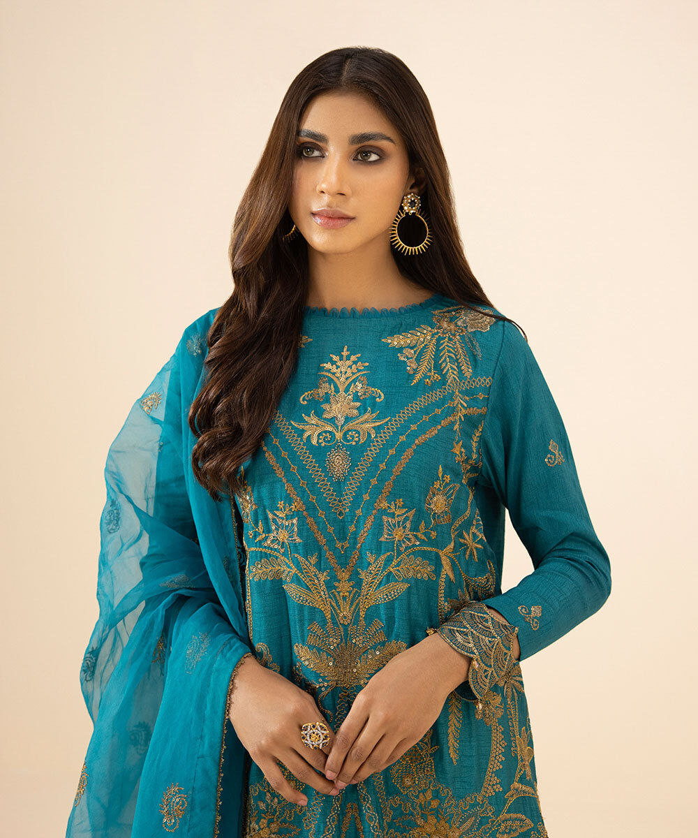 3 Piece - Embroidered Raw Silk Suit