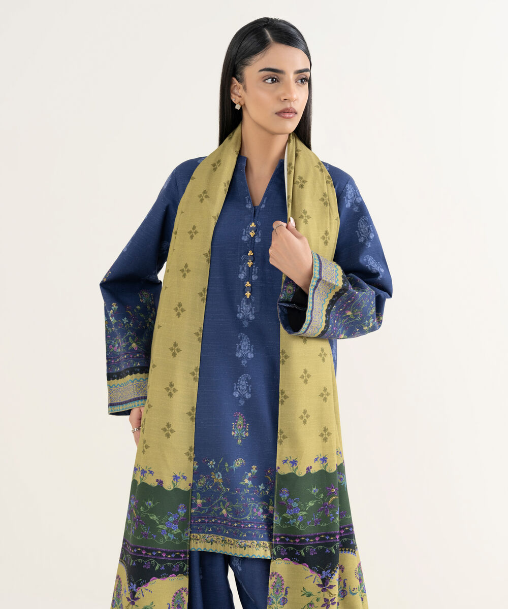 Women's Unstitched Printed Light Khaddar Blue 3 Piece Suit