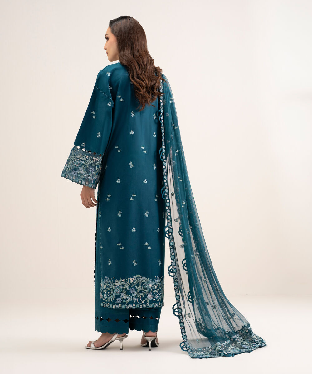 Women's Unstitched Fine Cotton Satin Embroidered Blue 3 Piece Suit