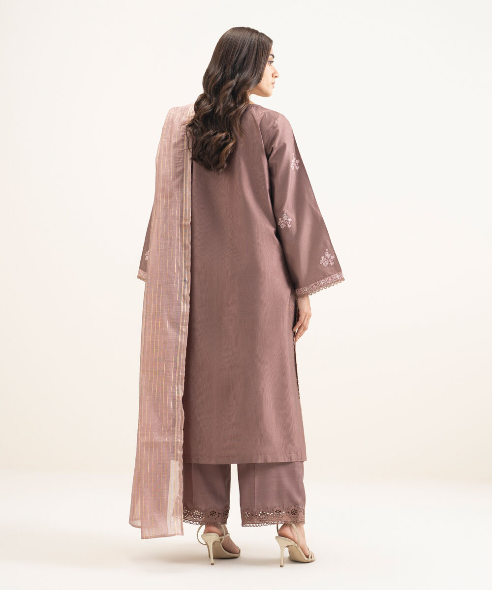 Women's RTW Silk Cotton Net Embroidered Mauve 3 Piece Suit