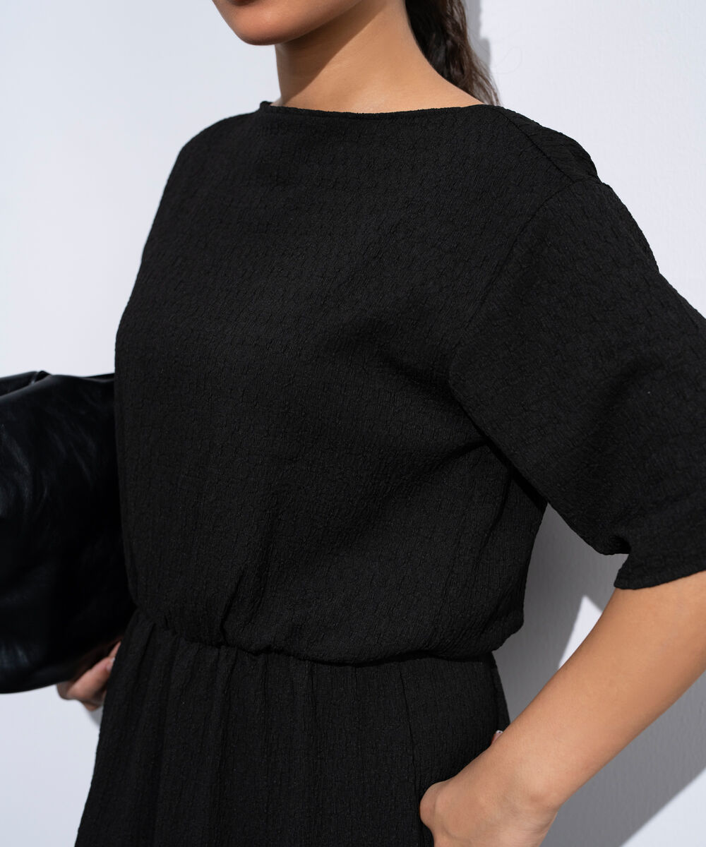 Women's Black Midi Dress In Textured Fabric