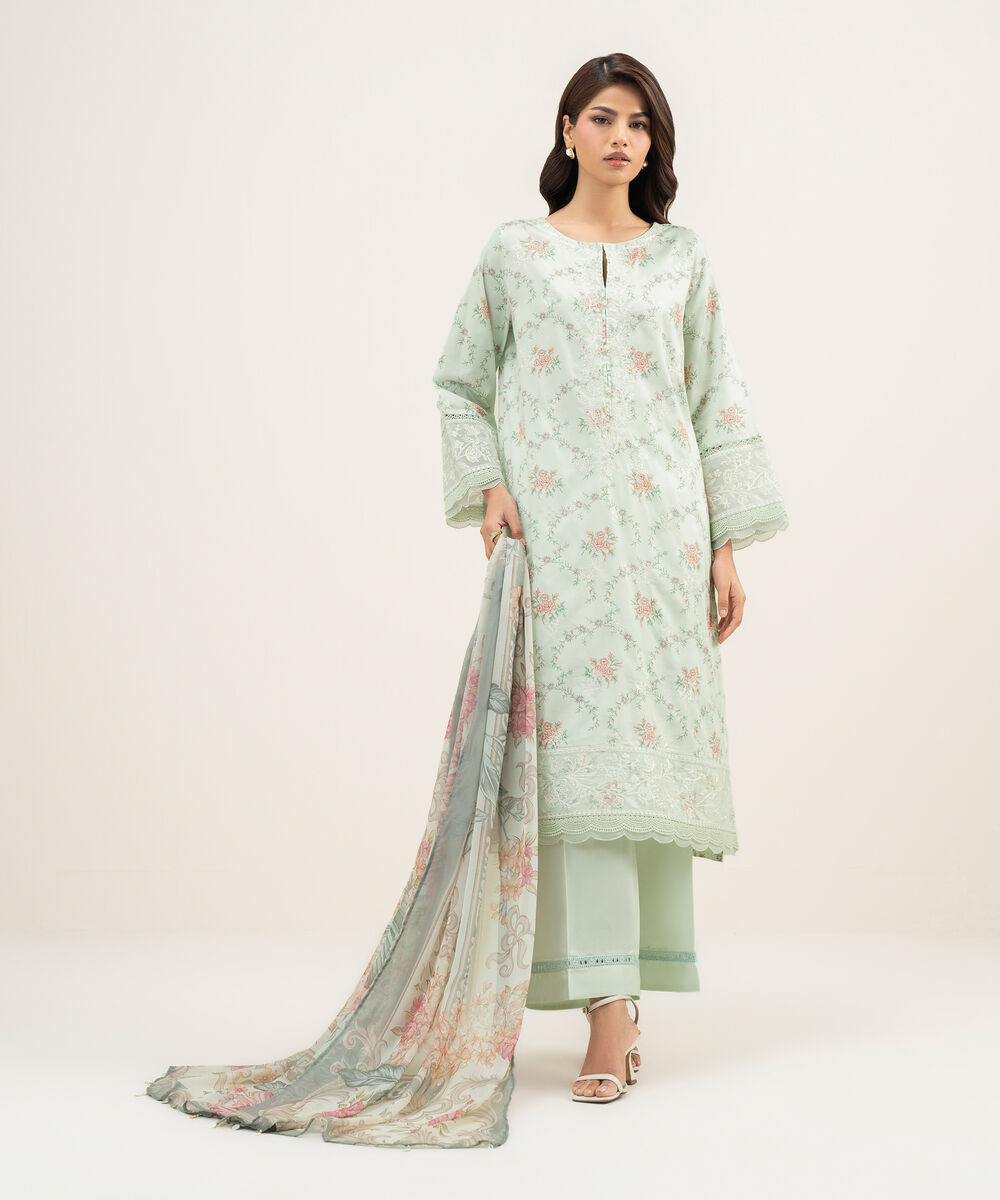 Women's RTW Lawn Embroidered Mint Green 3 Piece Suit