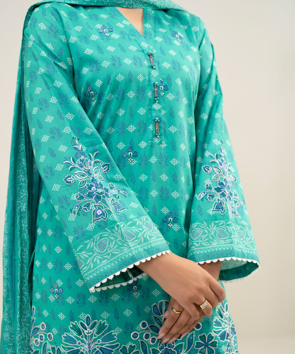 Women's Unstitched Lawn Embroidered Turquoise Green 3 Piece Suit