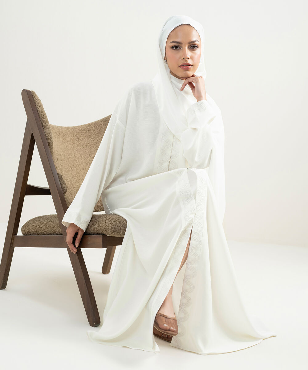 Women's White Embroidered Button- Through Abaya