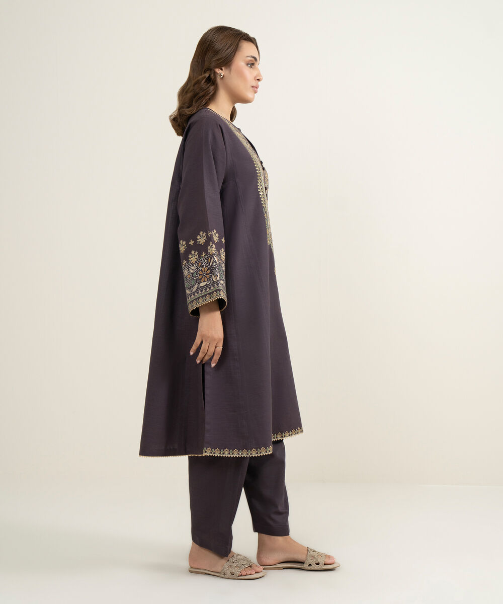 Women's Two Piece Brownish Plum Woolen Embroidered Suit