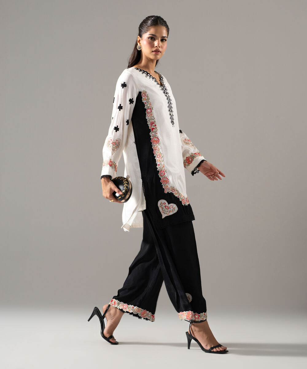 Women's RTW Thai Silk Solid Embroideredroidered Off White 2 Piece Suit