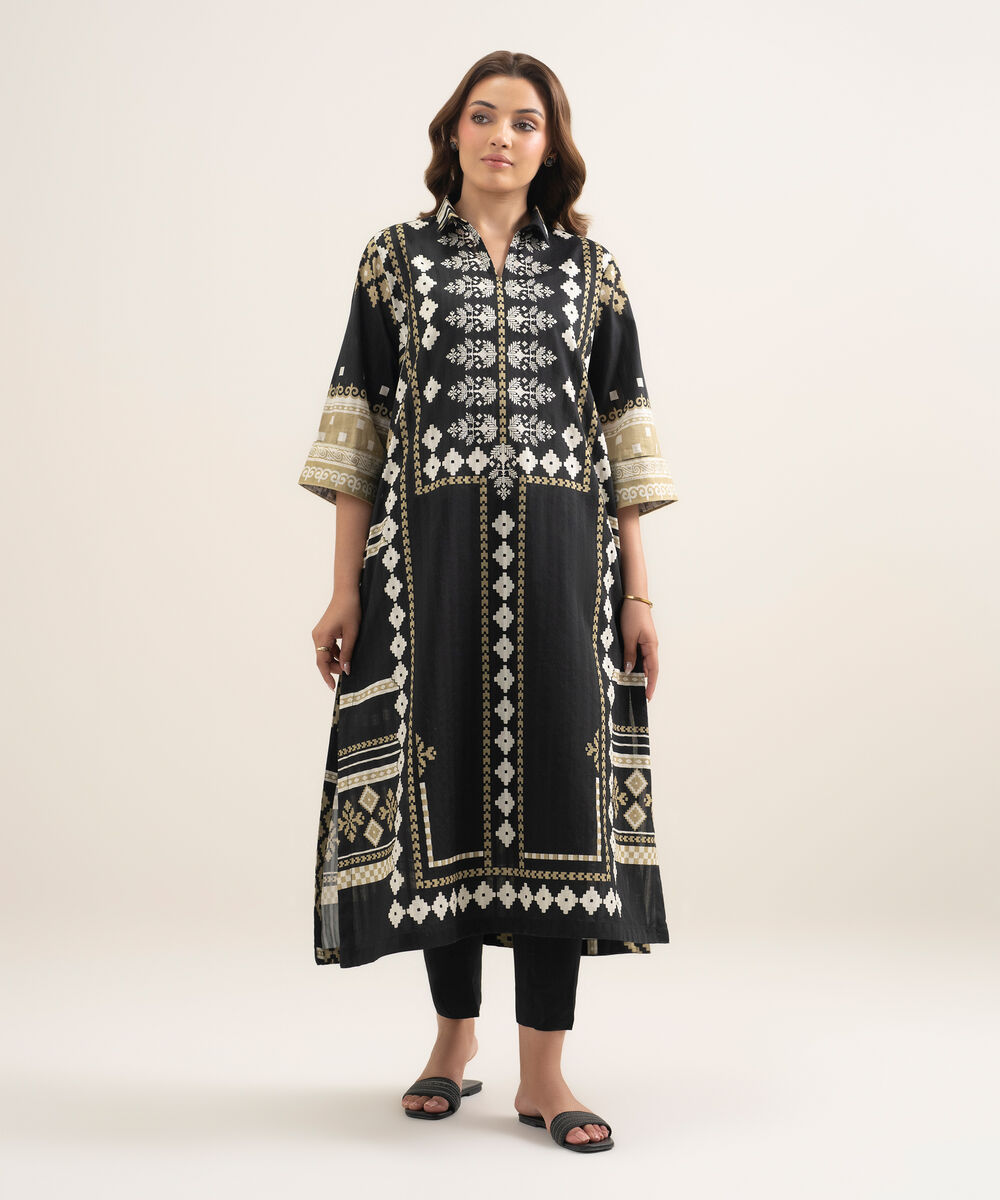 Women's RTW Textured Cotton Printed Black A-Line Shirt