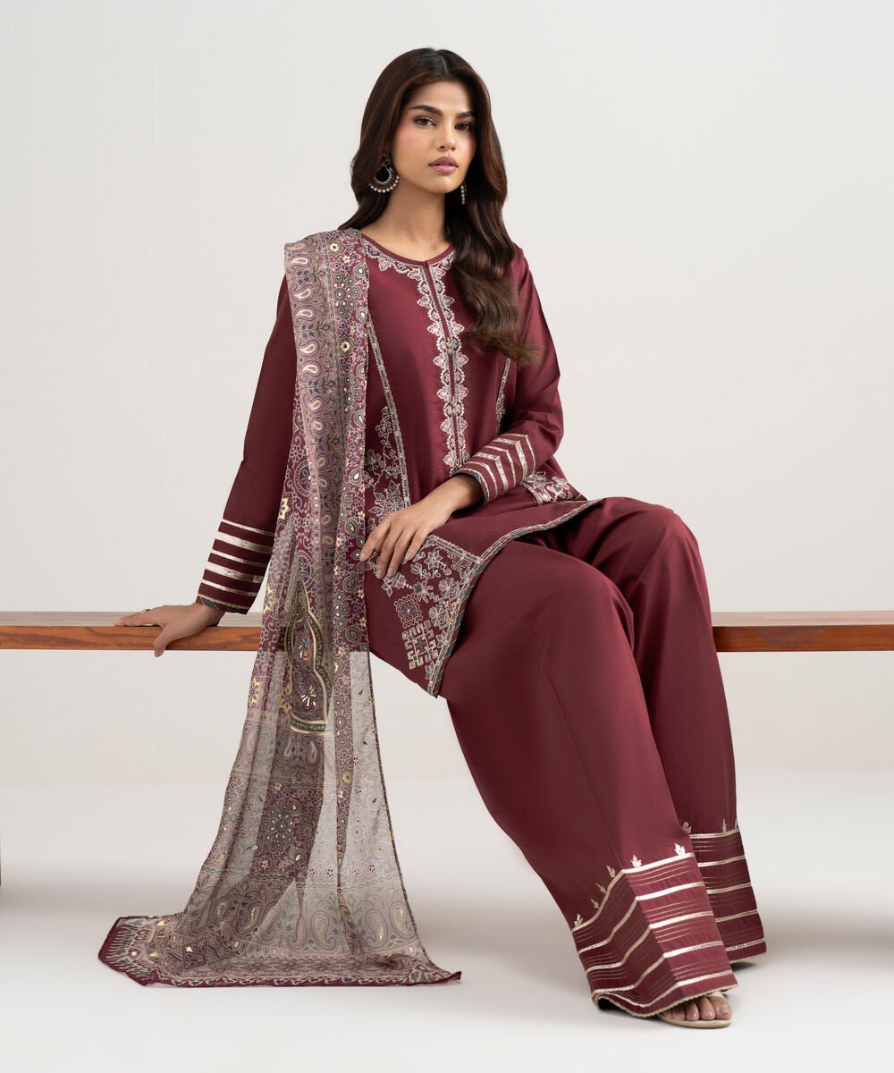 Women's Unstitched Lawn Embroidered Red 3 Piece Suit