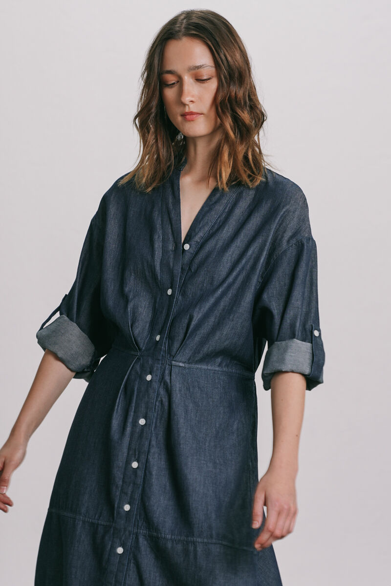 Denim Dress With Waist Pleats