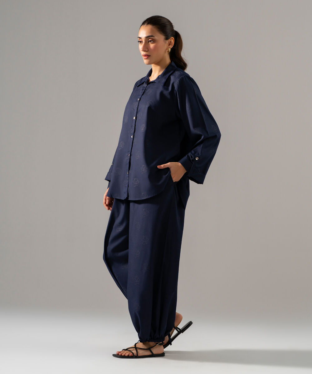 Women's RTW Poly Viscose Jacquard Solid Blue 2 Piece Suit