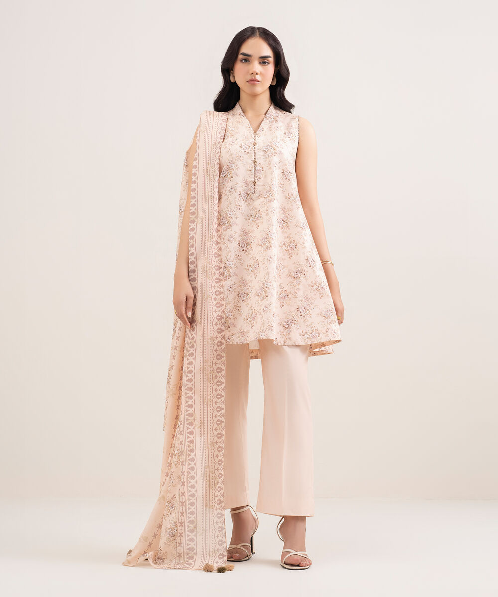 Women's Unstitched Lawn Printed Pink 3 Piece Suit