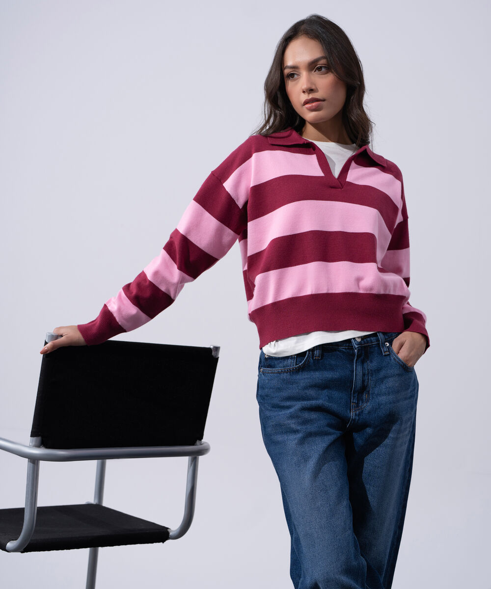 Women's Western Wear Merlot And Pink Striped Polo Neck Sweater
