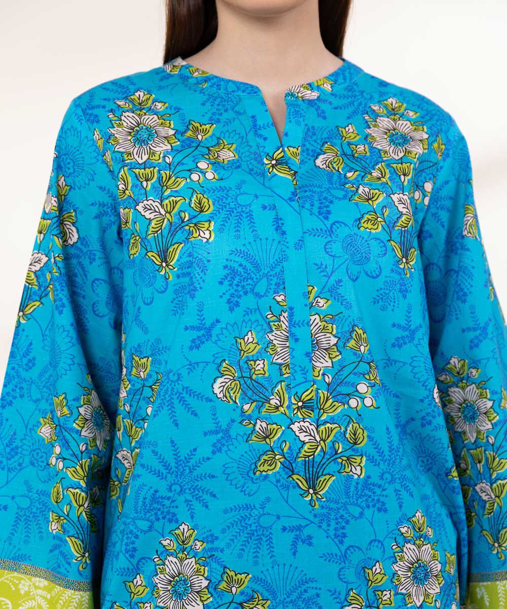 Women's RTW Textured Lawn Blue Printed A-Line Shirt