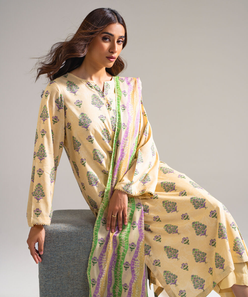 Women's RTW Arabic Lawn Printed Beige 3 Piece Suit