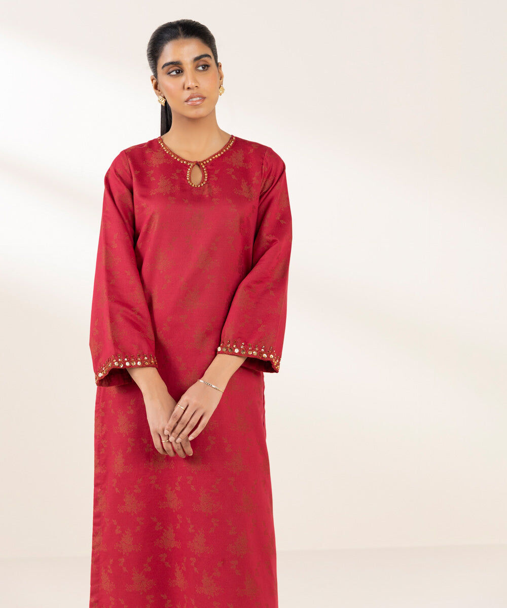 Woman - Red Embroidered Cotton Jacquard Shirt