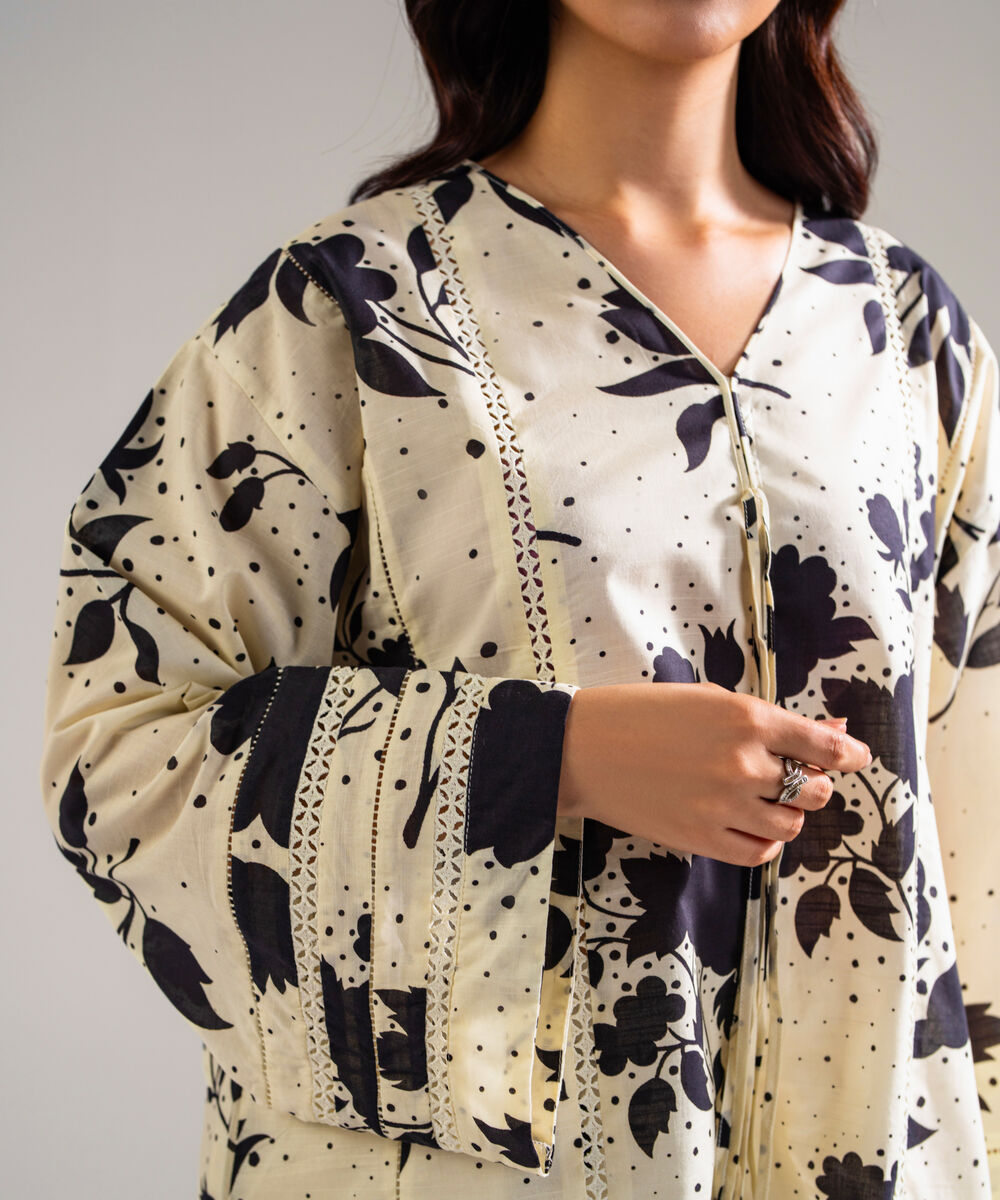 Women's RTW Slub Lawn Printed White Drop Shoulder Shirt
