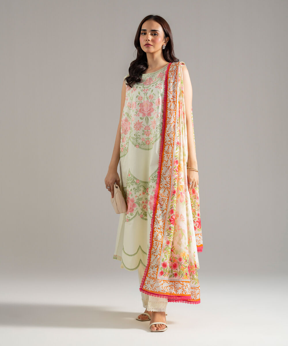Women's RTW Cambric Solid Embroidered Off White 3 Piece Suit