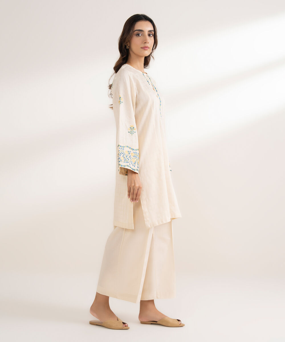 Women's RTW Textured Cotton Embroidered Straight Off White Shirt