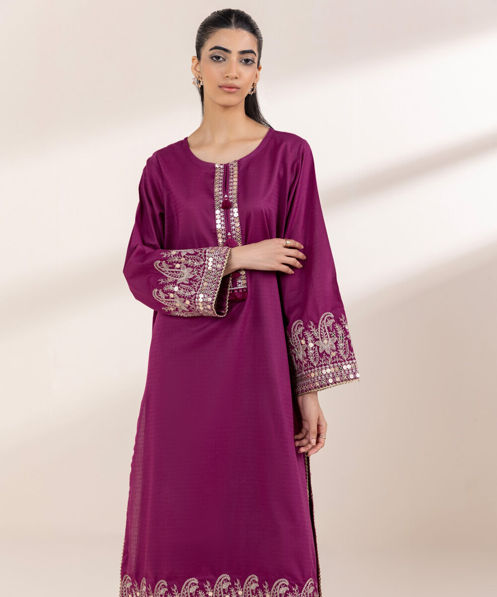 Women's RTW Dobby Purple Embroidered A-Line Shirt