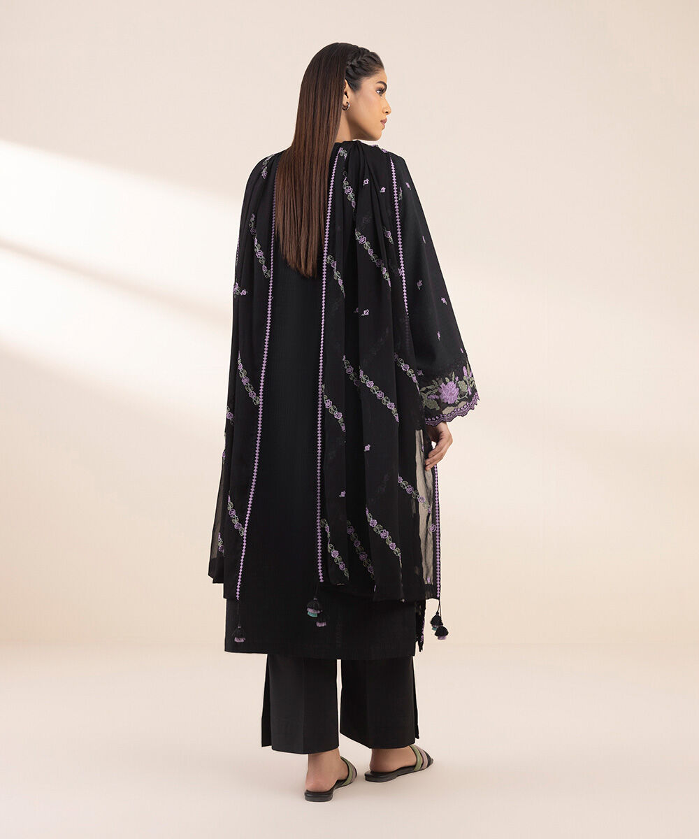 Women's Unstitched Black Dobby 3 Piece Suit