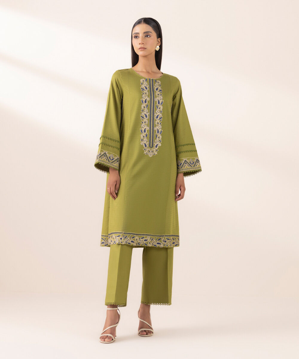 Women's Pret Dobby Green Embroidered A-Line Shirt