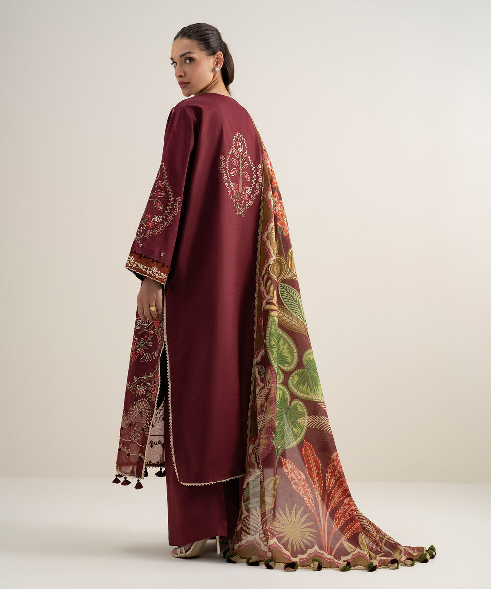 Women's Unstitched Dobby Embroidered Maroon 3 Piece Suit