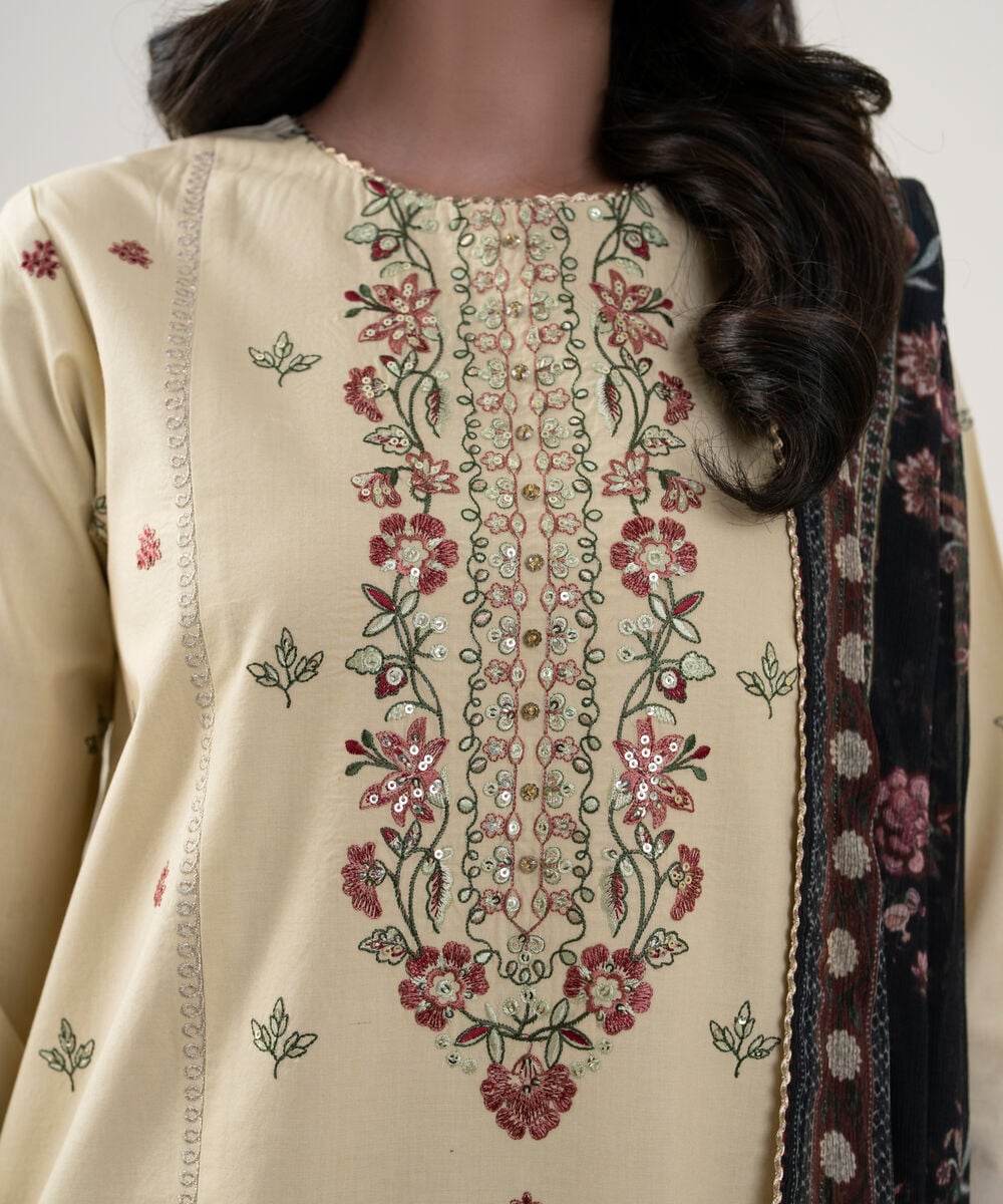 Women's Unstitched Bemberg Tissue Embroidered Beige 3 Piece Suit