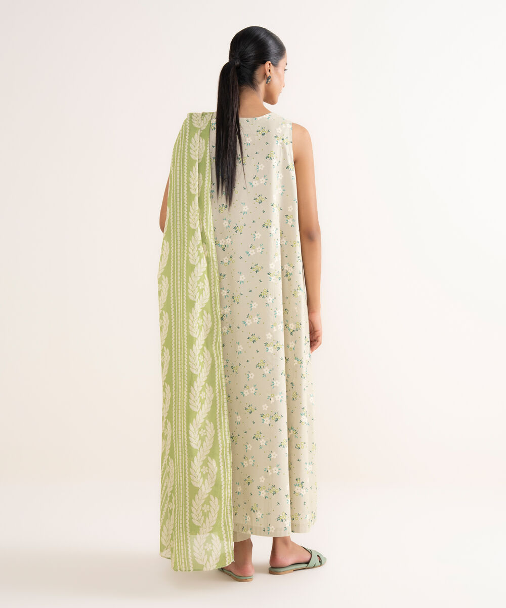 Women's Unstitched Cotton Printed Beige 3 Piece Suit